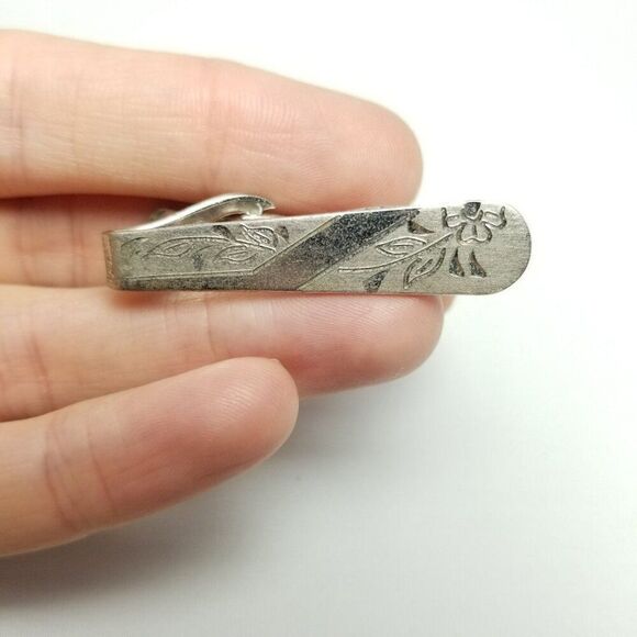 Vintage Sterling Silver Tie Bar Tie Clip, Floral Etched Design, Retro Estate - Picture 6 of 6